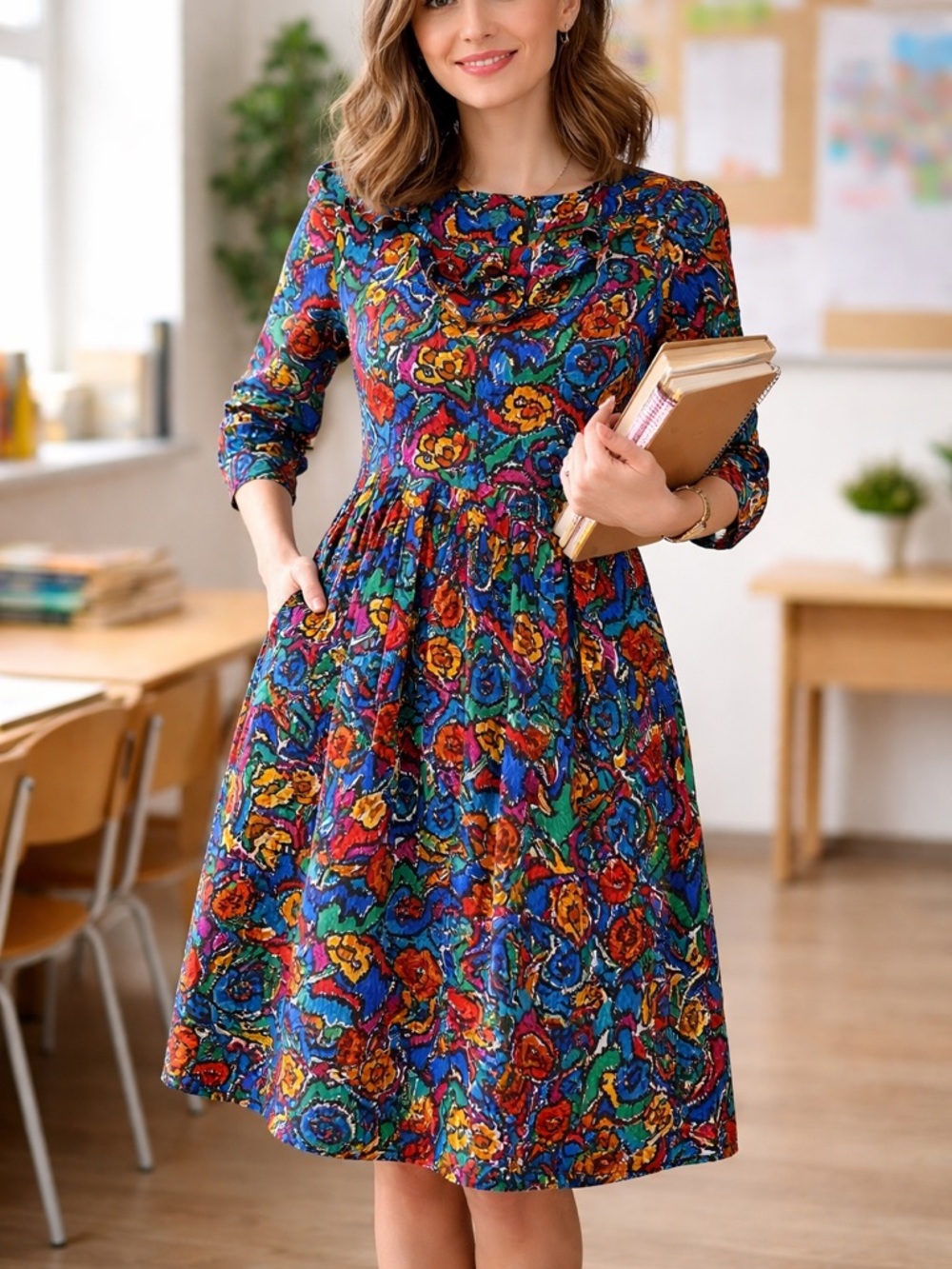 Vibrant Multicolor Floral Long-Sleeve Dress